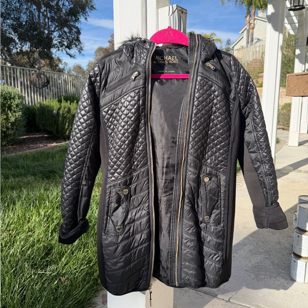 *SOLD* Michael Kors Size Small Black & Gold Quilted Fur Hooded Long Jacket Coat